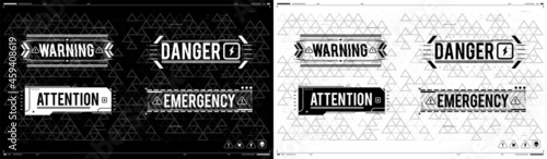 Conceptual Layout with HUD elements. Caution futuristic ski-fi UI design elements in modern technology style. Warning and alert attention signs. Lettering with futuristic user interface elements.