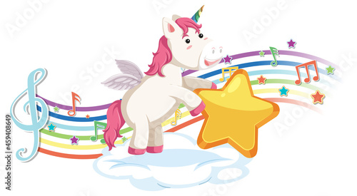 Cute unicorn holding star with melody symbols on rainbow