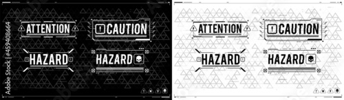 Conceptual Layout with HUD elements. Warning and alert attention signs. Caution futuristic ski-fi UI design elements in modern technology style. Lettering with futuristic user interface elements.