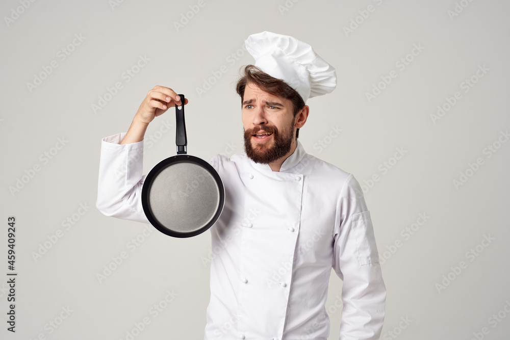 bearded man chef pan cooking kitchen isolated background bearded man chef pan cooking kitchen isolated background