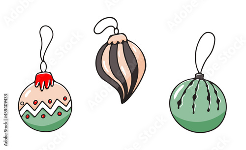 Set of Christmas tree decorations. New Year decoration balls in hand-drawn style. Vector illustration.