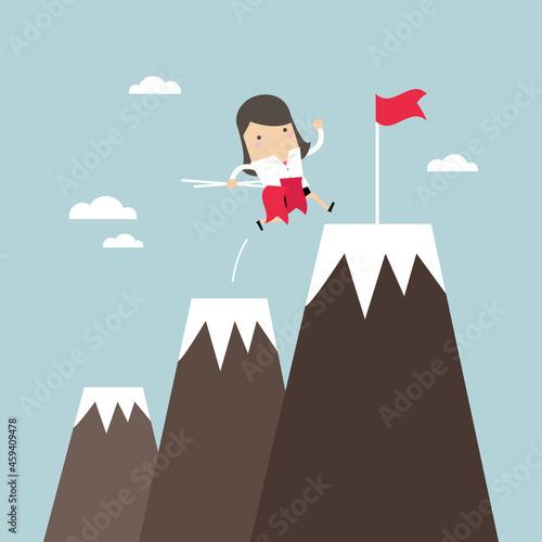 Businesswoman climbing up mountains or cliffs and moving to final destination point.
