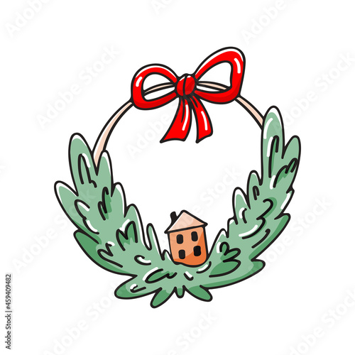 Christmas wreath icon from branches with a bow and a house isolated on a white background. Vector hand drawn doodle style illustration