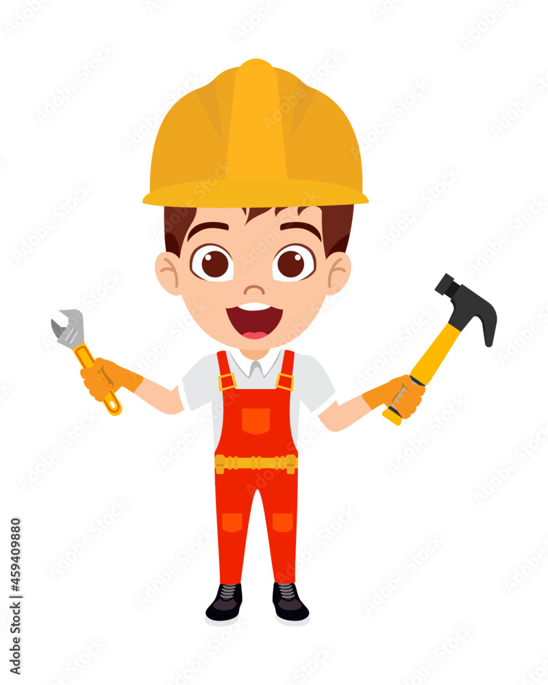 Happy cute kid boy construction worker standing with hammer Happy cute kid boy construction worker standing with hammer