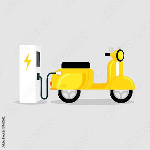 Yellow electric scooter with EV electric vehicle charging station.