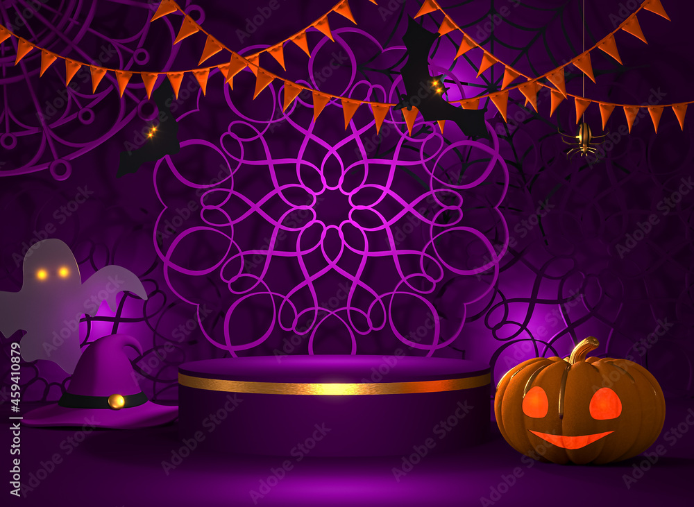 Halloween dark purple background, pumpkin jack head, cobweb, branches