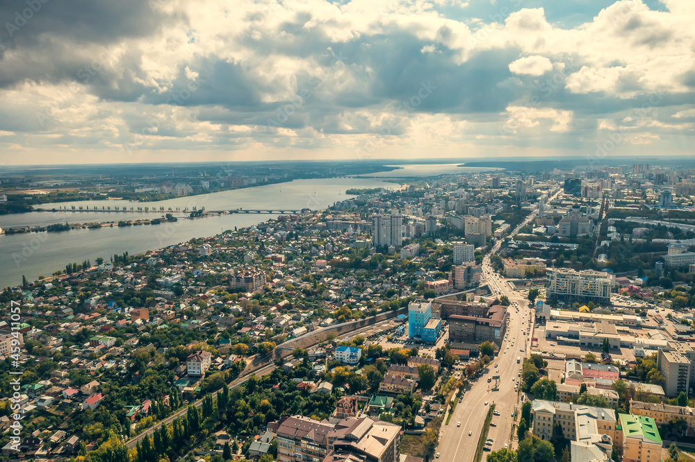 Voronezh panorama from above. Aerial view of city in sunny summer day, Russia.
