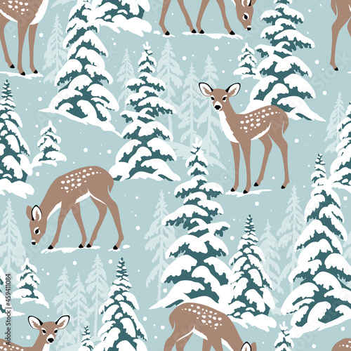 Snowy winter forest with deer and snowy pine trees on light blue background. Seamless vector pattern. Perfect for textile, wallpaper or print design.
 
