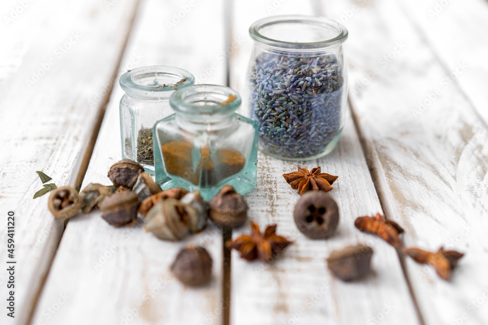 Seeds and spices in jar on table Seeds and spices in jar on table