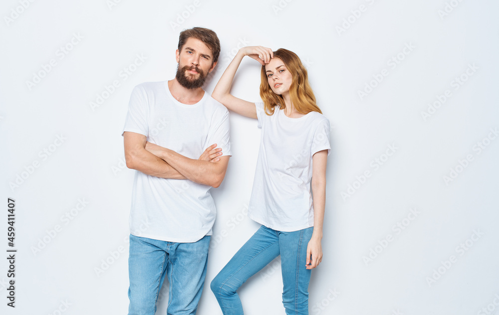 young couple in white t-shirts and jeans Friendship on emotions mockup young couple in white t-shirts and jeans Friendship on emotions mockup