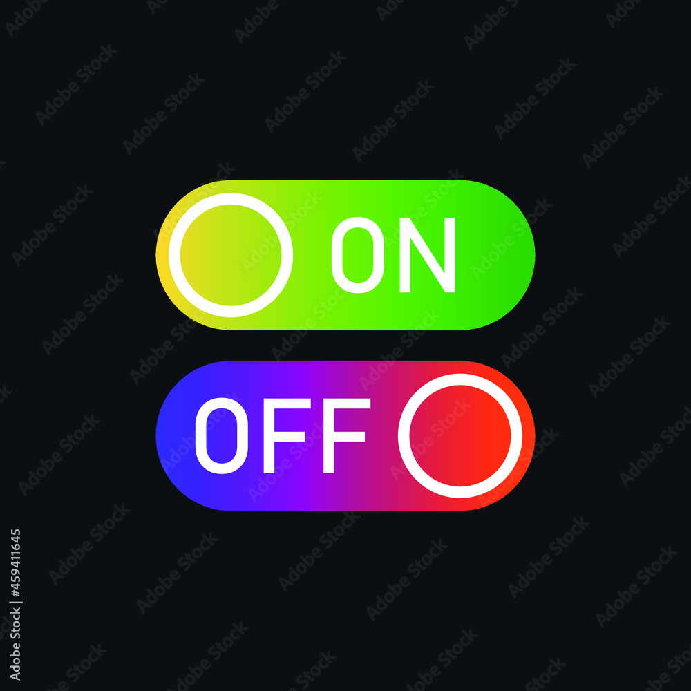 On and Off toggle switch buttons. Switch gradient icon. Flat UX UI design vector element set for website or mobile app. Web colored toggle template On and Off toggle switch buttons. Switch gradient icon. Flat UX UI design vector element set for website or mobile app. Web colored toggle template
