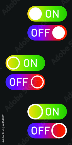 On and Off toggle switch buttons. Switch gradient icon. Flat UX UI design vector element set for website or mobile app. Web colored toggle template