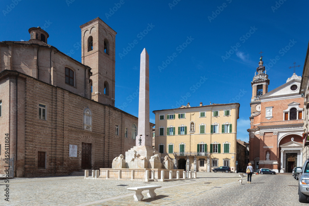 Jesi. Ancona. Piazza Federico II with the obelisk' fountain