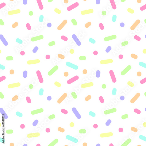 Vector confetti seamless pattern on white background. Sugar sprinkles, topping, donut glaze, sweet decorations or paper confetti background. Rainbow colors. Birthday, party, celepration photo