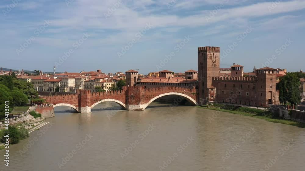 Aerial panorama of the historic Italian city of Verona. Castelvecchio Bridge top view of the historic city of Verona in Italy. Aerial view of Verona city, Italy. Aerial panorama of the historic Italian city of Verona. Castelvecchio Bridge top view of the historic city of Verona in Italy. Aerial view of Verona city, Italy.