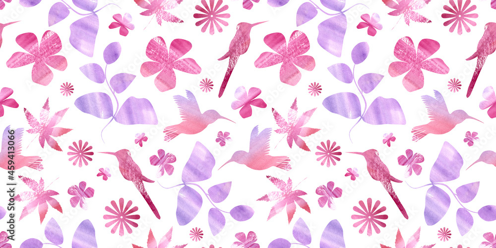 multicolor Seamless pattern digital paper textile packaging Backgrounds. watercolor gradient bird, flower and leafs elements on white Background. Doodle and scribble colorful silhouette hummingbird