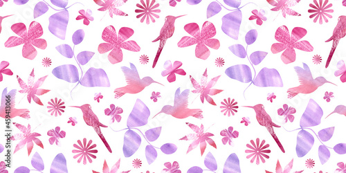 multicolor Seamless pattern digital paper textile packaging Backgrounds. watercolor gradient bird, flower and leafs elements on white Background. Doodle and scribble colorful silhouette hummingbird