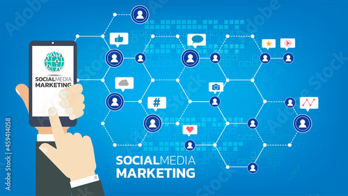 Social media marketing template concept with emoji, webpage, search icons, chat and chart with smartphone