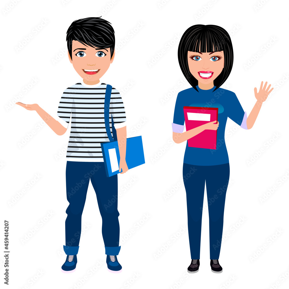 Happy cute boy and girl student character standing with books and file Happy cute boy and girl student character standing with books and file