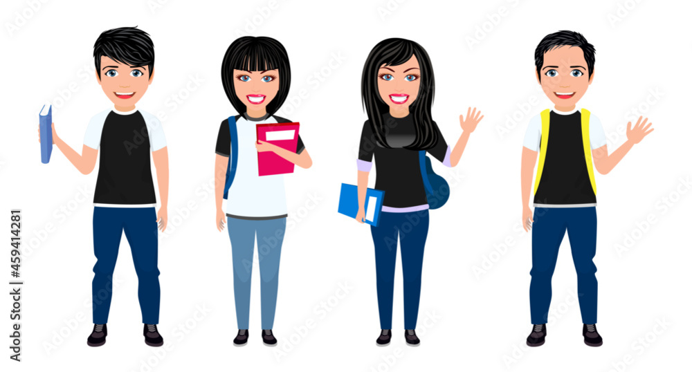 Fototapeta premium Happy cute boy and girl student characters standing together with books bags