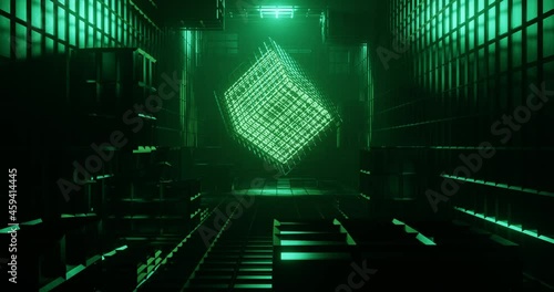 3d rendering seamless loop animation of dark sci-fi corridor with green neon wireframe cube. 
