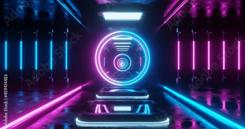 3d rendering seamless loop motion of pink and blue neon tunnel.