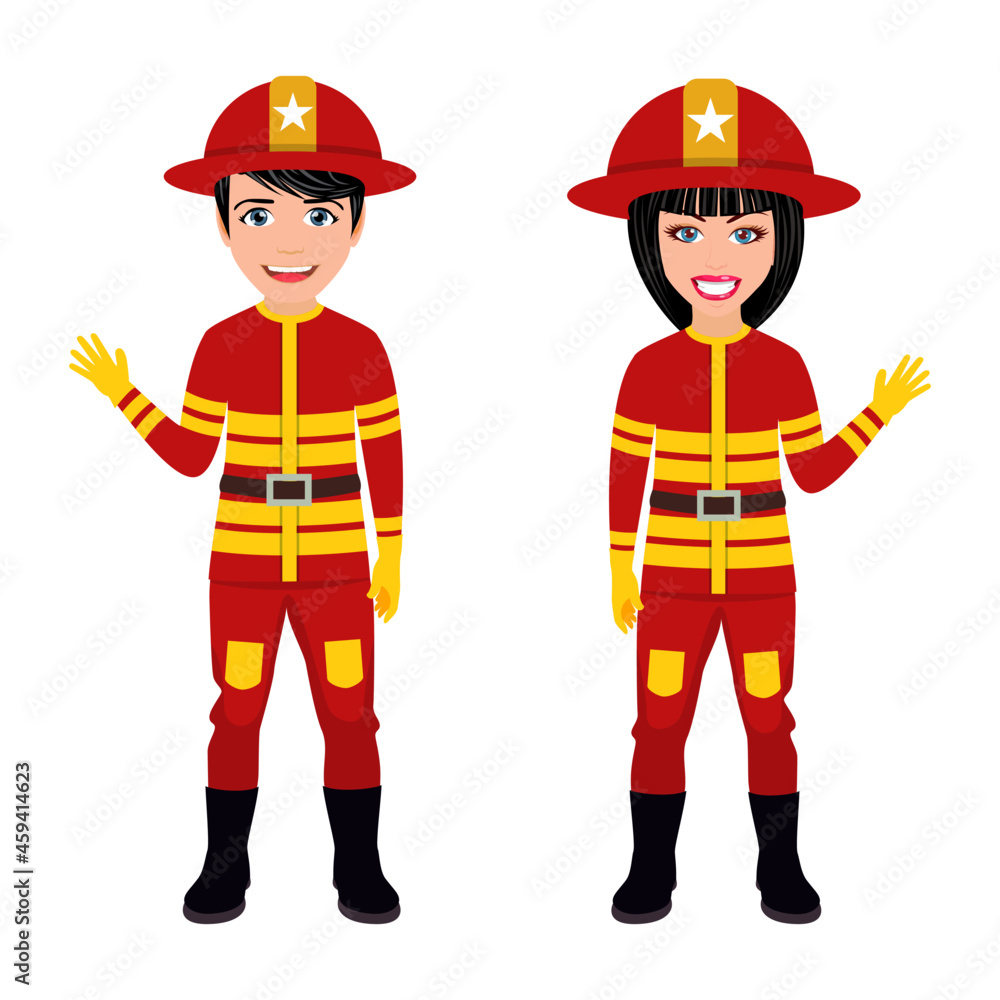 Happy cute fireman and firewoman characters standing together and posing