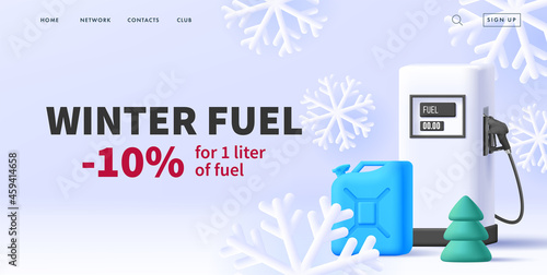 Winter sale banner for gas station with 3d render illustration of gas equipment with oil can and christmas tree with snowflakes