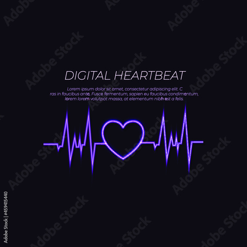 Vector Neon Medical Icon, Heart Beat Line, Glowing Illustration, Shining Lights on Dark Background, Violet Color.