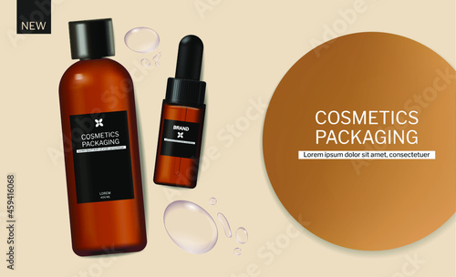 Shampoo and oil cosmetics packaging design vector realistic. Brand mock up ba...