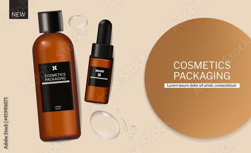 Shampoo and oil cosmetics packaging design vector realistic. Brand mock up ba...