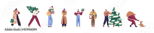 People with Christmas fir trees and gift boxes. Set of men, women and Santa with bags and presents, preparing for winter holidays at Xmas and New Year eve. Flat vector illustration isolated on white