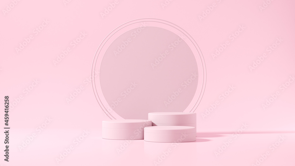 Illustration for business ideas. Three empty pink display stands on a pink background. 3D rendering. Illustration for business ideas. Three empty pink display stands on a pink background. 3D rendering.