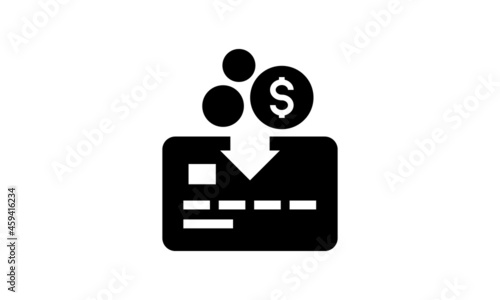 Coins and bank cards, cash get a bank card. Visualize your bank account replenishment process money simple black white icon isolated web element vector Symbol, flat logo illustration