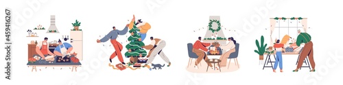 People preparing for Christmas holidays at home set. Happy families and couples decorating Xmas tree, cooking gingerbread, presenting and wrapping gifts. Flat vector illustrations isolated on white