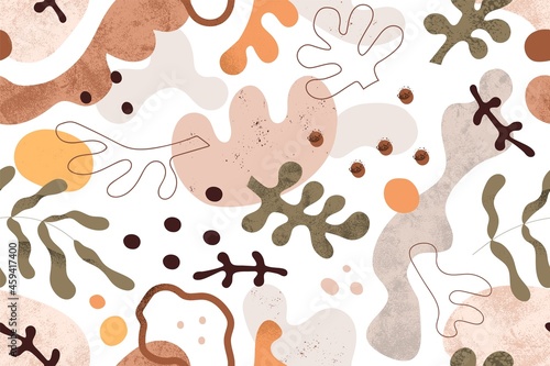 Seamless pattern with abstract geometric shapes and plants. Repeating print o...