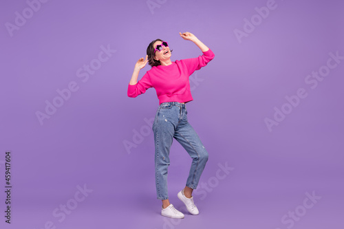 Full size profile side photo of senior woman happy positive smile wear sunglass hipster isolated over purple color background