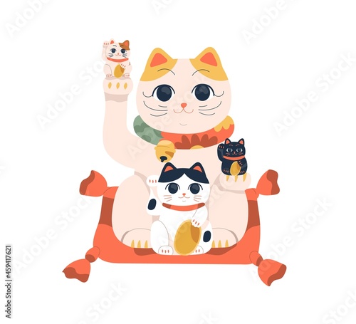 Lucky cat maneki-neko with little kittens in paws. Japanese figurine for happy family, fortune and luck. Asian beckoning toy on pillow. Colored flat vector illustration isolated on white background