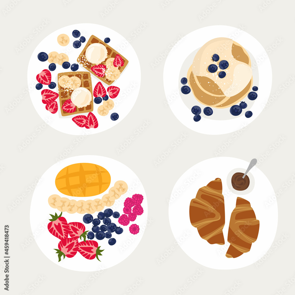 Fototapeta premium Set of plates with beautiful breakfasts. Sweet classic breakfast with berries. Pancakes, French croissants, Belgian waffles and fruit plate