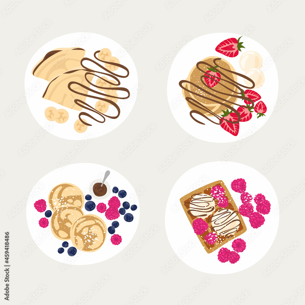 Set of plates with beautiful breakfasts. Sweet classic breakfast with berries. Pancakes, Belgian waffles with different toppings Set of plates with beautiful breakfasts. Sweet classic breakfast with berries. Pancakes, Belgian waffles with different toppings