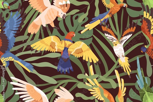Parrots in jungles pattern. Seamless background with tropical birds and palm leaf. Endless repeating print with exotic macaws, leaves and foliage plants for wallpaper. Colored flat vector illustration