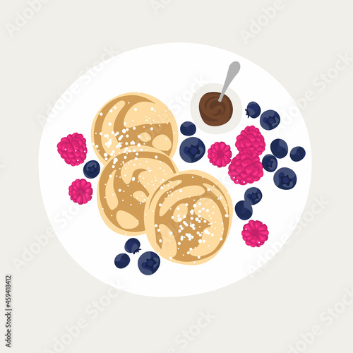 Sweet classic breakfast with pancakes. top view vector illustration. Pancakes with chocolate and berries. Plate with a beautiful breakfast. blueberries and raspberries
