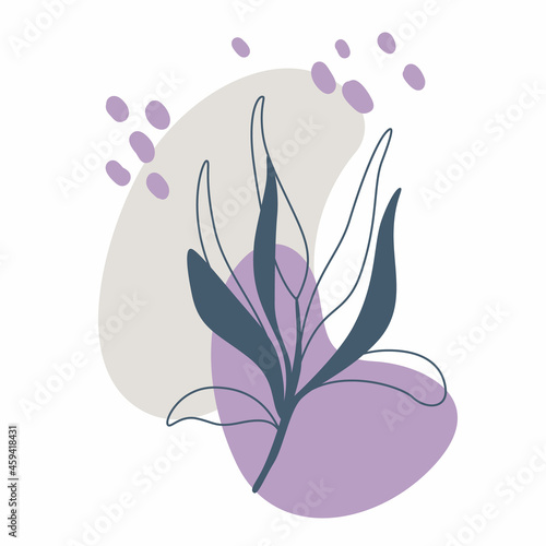 Minimalistic abstract illustration. Poster with decorative branch and abstract color spots. Design for poster, postcard, brochure, cover design.