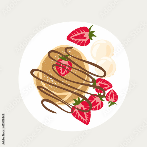 Sweet classic breakfast with pancakes. Pancakes with chocolate and berries. Plate with a beautiful breakfast. ice cream and strawberries