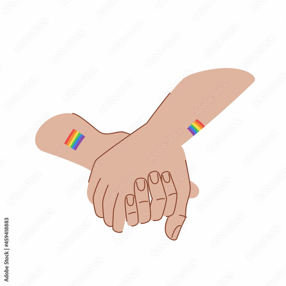 LGBT couple are holding hands. LGBT love concept. Hands with lgbt flags tattoos. Hold hands. LGBT couple are holding hands. LGBT love concept. Hands with lgbt flags tattoos. Hold hands.