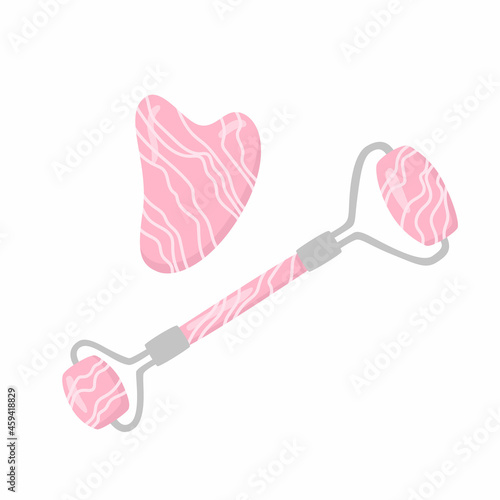 Gua Sha and facial massage roller tool isolated on white background. Quarts stone self massage scraper. Home beauty routine.