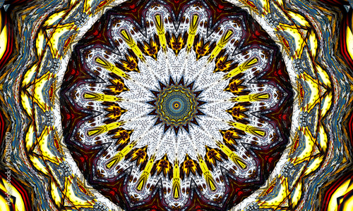 Sulphur yellow kaleidoscope. Seamless background from natural sulphur mineral. Hell pentagram. photo