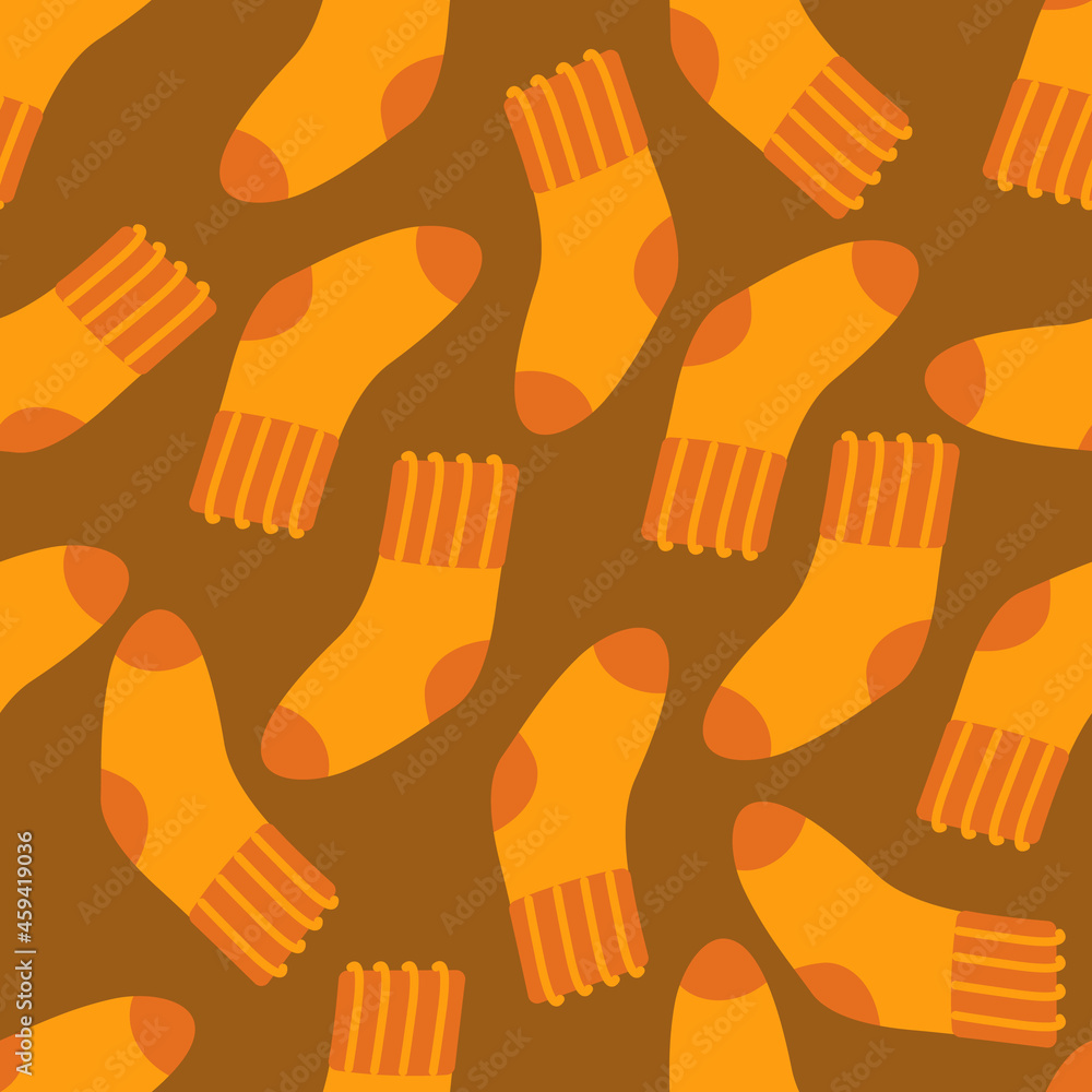 Fototapeta premium Wool socks orange autumn seamless pattern on a brown background. Vector illustration in a flat style for printing on paper, fabric, packaging, textiles.