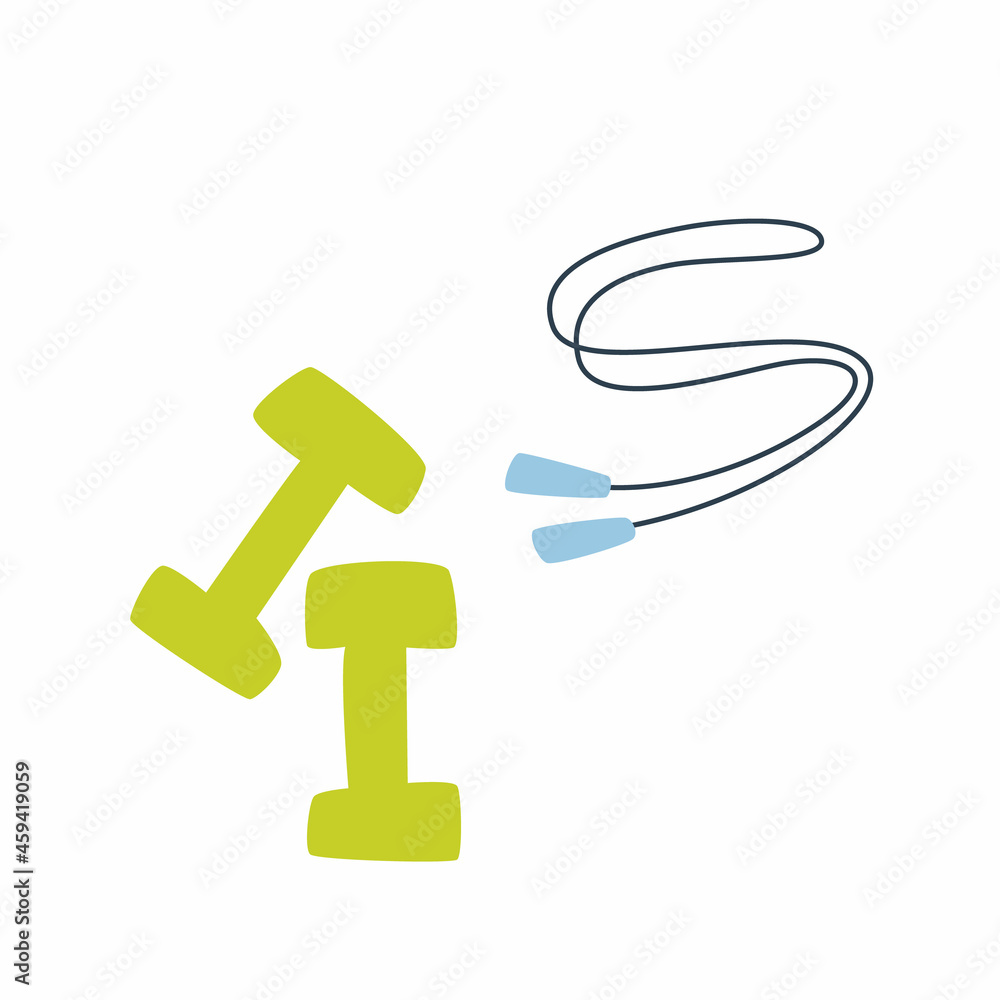 Hand drawn dumbbells and jump rope. Home sport set. Vector illustration in modern style. Hand drawn dumbbells and jump rope. Home sport set. Vector illustration in modern style.