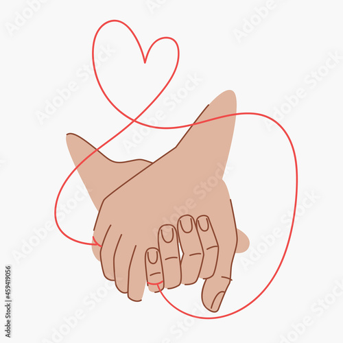 Red thread of fate that connects the hands of lovers. Couple holding hands. Red thread of fate in the shape of a heart. Two hands are connected by a red string of fate.